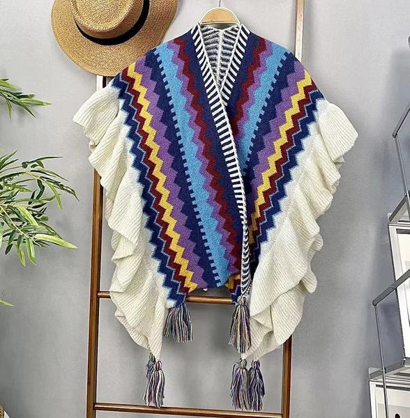 Xales WeHelloEthnic Style Poncho Capes Senhoras Moda Stripe Colorido Malha Oversized Mulheres Envoltório Fringed Shawl Bohemian 231012