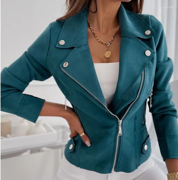 Giacche da donna Giacca da motociclista in pelle scamosciata finta per donna Manica lunga Cerniera Capispalla casual Autunno 2023 Cappotto sottile nero kaki blu verde