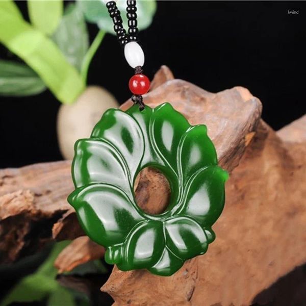Anhänger Halsketten Chinesische Grüne Jade Lotusblume Und Pfau Schmuck Feine Glücksbringer Halskette