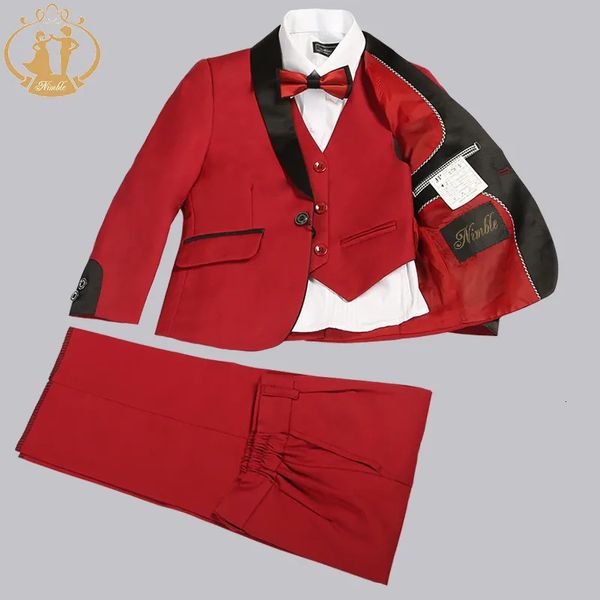 Костюмы Nimble, весенне-осенние официальные костюмы для мальчиков, детский свадебный пиджак, комплект из 3 предметов, детская одежда оптом, 3 цвета, красный, черный и синий 231012