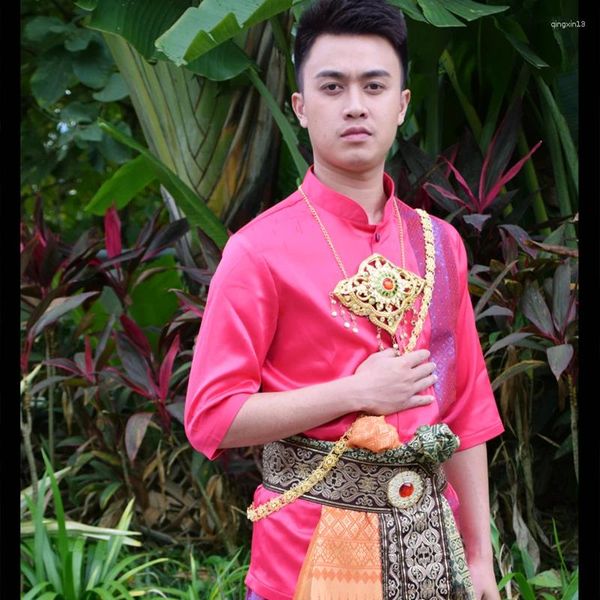 Roupas étnicas Vestido de casamento para Tailândia Traje Mens Rose Red Stand Collar Meia Manga Dai Festival Thai Tradicional