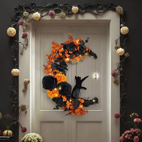 Decorações de Natal Sinais de Halloween Grinaldas de porta em forma de lua Rosas góticas Gatos pretos Guirlanda Ornamento de porta frontal Decorações de Halloween Sinal de boas-vindas 231013