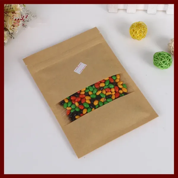 Bolsas de jóias 18/30cm 30pcs papel kraft ziplock saco de janela para presentes/chá/doces/jóias/pão embalagem de alimentos diy display