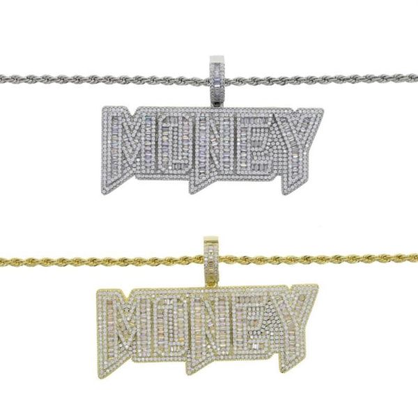 Correntes geladas Bling 5a CZ pavimentada cor de ouro carta dinheiro pingente colar com corda longa corrente hip hop dólar homens menino jóia2331