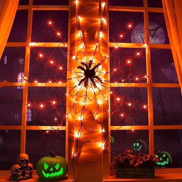 1pc luci ragnatela di Halloween, LED con luci di rete impermeabili ragno nero, telecomando, 8 modalità ragnatela decorazione di Halloween, per giardino interno esterno tema spaventoso