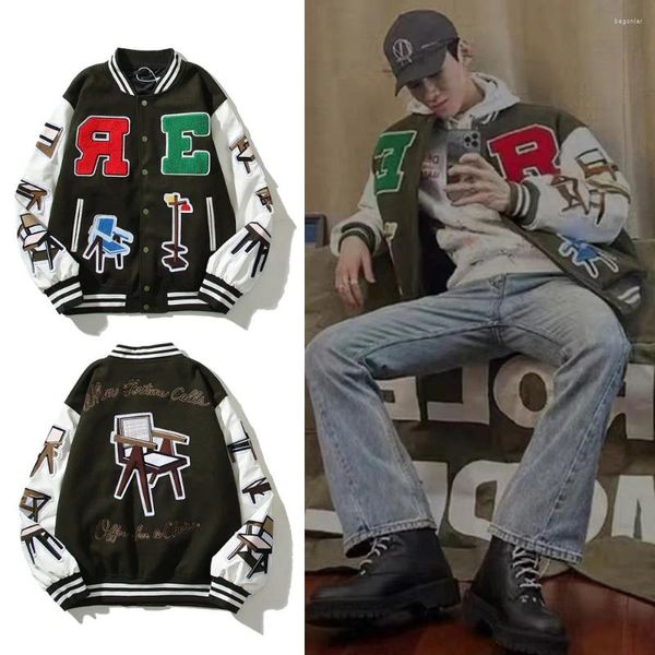 Herren Jacken Stuhl Patch Stickerei Farbe Passende Baseball Uniform Streetwear Trendy Männer Frauen Casual Bomber Jacke PU Leder Hülse