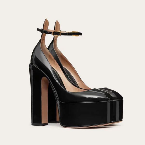 Lüks tasarımcı elbise ayakkabı deri platform topuk pompa ayakkabıları ayak bileği kayış tokası şık yuvarlak ayak parmağı sandaletler kadın ayak parmağı sarmal süper 15.5cm yüksek topuklu marka parti ayakkabı