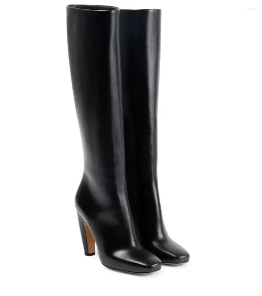 Botas femininas marca de inverno salto alto joelho europa e américa sexy quadrado cabeça lateral zíper moda grande longo