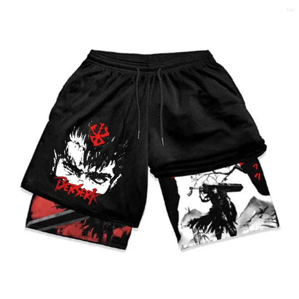 Shorts masculinos Anime Berserk Gym Manga 3D Impressão 2 em 1 Desempenho Fitness Verão Malha Seca Rápida