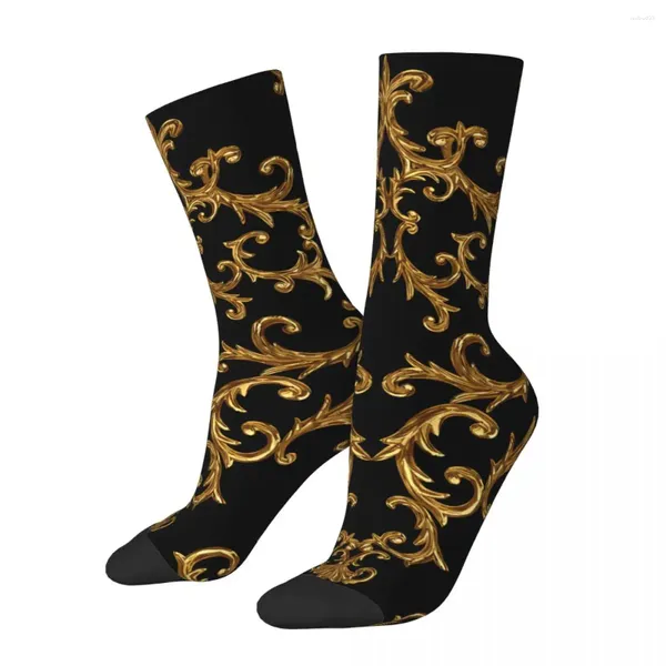 Erkek Çoraplar Mutlu Siyah ve Altın Damask Vintage Altın Aslan Harajuku Dikişsiz Müret