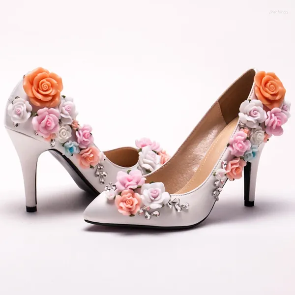 Scarpe eleganti su misura Fiore di raso bianco Tacco alto Lady Elegante matrimonio da sposa a punta da donna damigella d'onore