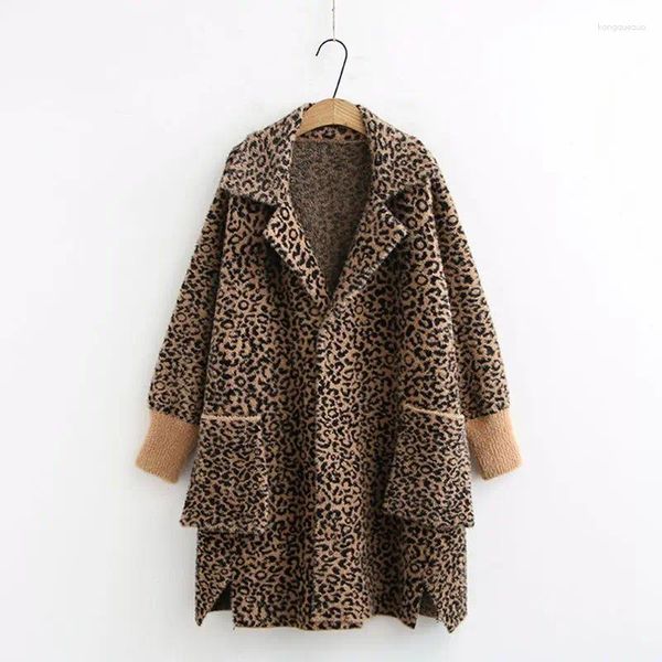 Pele feminina 2023 inverno moda feminina de comprimento médio falso vison casaco feminino casual tamanho grande engrossar estilo coreano leopardo impressão casaco