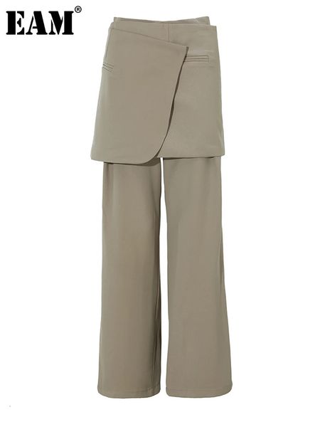 Pantalones de mujer Capris EAM cintura alta caqui empalmado irregular pantalones de pierna ancha largos pantalones sueltos moda mujer primavera otoño 1DF3129 231012