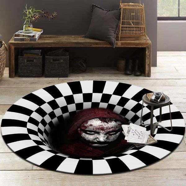 Teppiche Halloween Clown 3D Vortex Illusion Teppich Tür Bodenmatte Eingang Fußmatte Geometrisch rutschfest Wohnzimmer Küche Runder Teppich