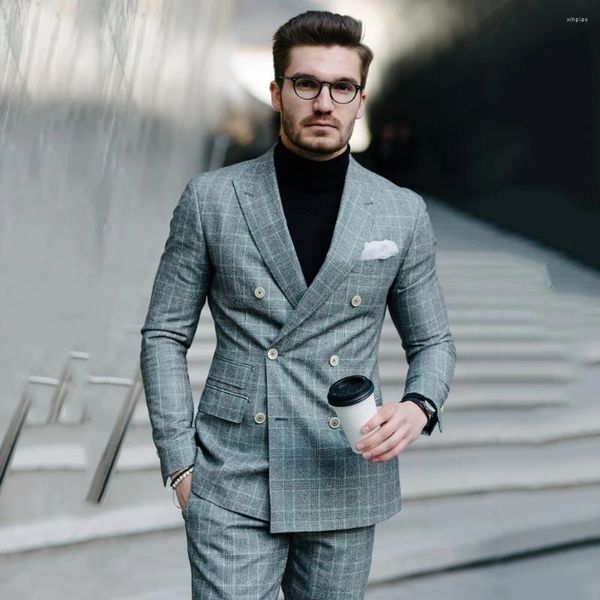 Herrenanzüge, klassisch, grau, für Herren, einreihig, formeller Business-Blazer, Hochzeit, Bräutigam, Smoking, kariert, Herbst, 2-teilig, Jacke, Hose, Kostüm Homme