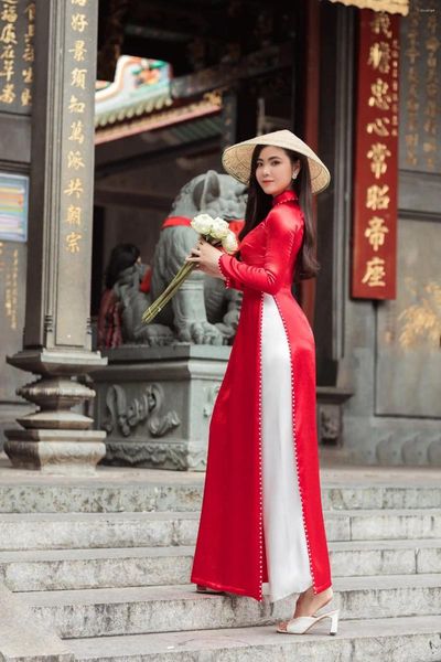 Этническая одежда, индивидуальное красное женское платье Aodai Vetnam, длинное вьетнамское традиционное платье Cheongsam