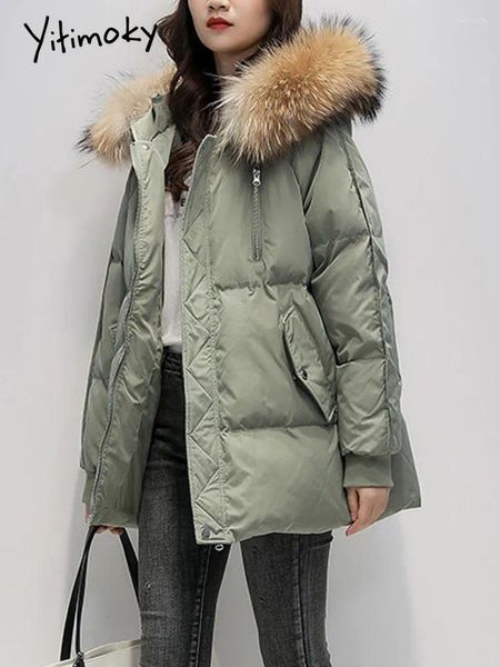 Trench da donna Yitimoky Cappotto verde Giacca da donna Autunno Inverno 2023 Parka oversize moda coreana con cappuccio con collo in pelliccia Piumino nero