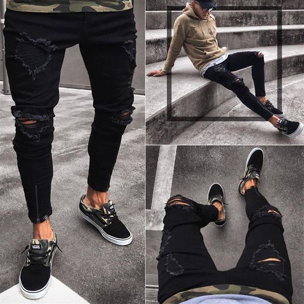 Homens pés calças zip preto jeans magros masculino designer rasgado denim jean casual algodão estiramento masculino fino ajuste high street para mens257h