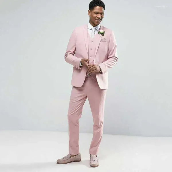 Мужские костюмы розовый льняной тонкий мужской свадебный пляжный смокинг для жениха и жениха, деловой костюм для мужчин, пиджак из 3 предметов Terno Masculino