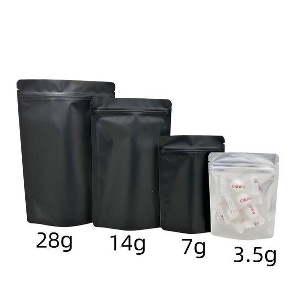 borsa in mylar vuota nero opaco posteriore trasparente anteriore in alluminio olio 3.5 7g14g 28g 1LB confezioni richiudibili con cerniera stampa personalizzata logo del marchio