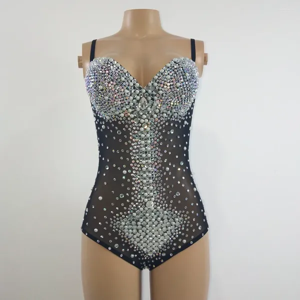 Palco desgaste sexy ver através de v pescoço strass collant elástico malha collants bodysuit nightclub dançarino desempenho traje po shoot