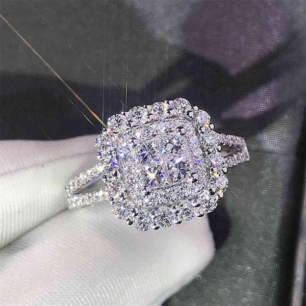 Lindo anel feminino de formato quadrado, brilho completo, micro pave, cristal, zircão, deslumbrante, anel de noiva, casamento, noivado, anéis211f