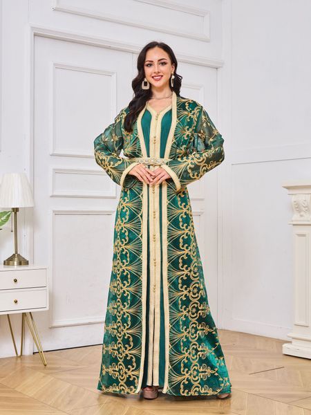 Eleganti abiti da sposa verde smeraldo e smeraldo sexy nuovi ricami oro maniche lunghe appliques in pizzo appliques cristallo matrimoni set da sera a due pezzi abiti da ballo da sera