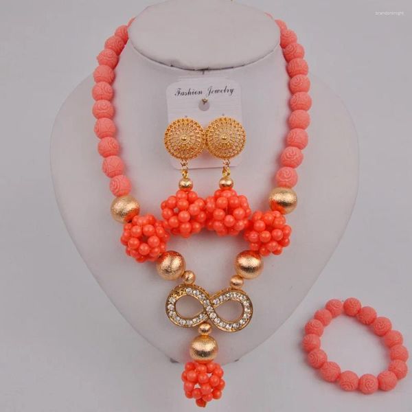 Colar brincos conjunto mais recente rosa nigeriano casamento coral contas traje jóias africanas 12-f-01