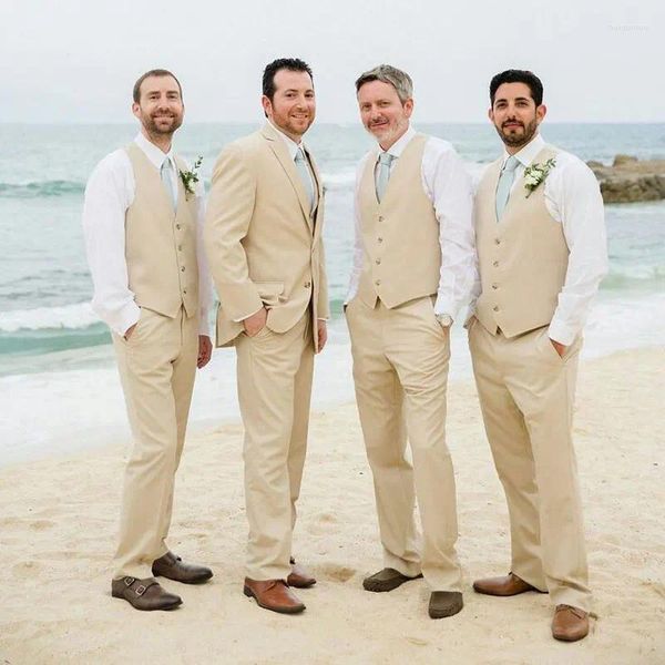 Мужские костюмы, летние льняные костюмы цвета шампанского, мужской свадебный пиджак, приталенный костюм Terno Masculino, Homme, смокинг для жениха, 3 предмета, пальто, брюки, жилет