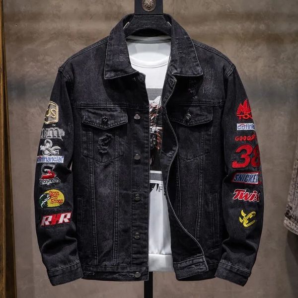 Damen-Daunenparkas, modische, bestickte Baumwoll-Jeansjacke für Herren mit Löchern und Abzeichen, Streetwear, koreanischer Motorrad-Bomber, Baseball 231013