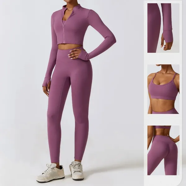 Active Sets 2/3-teiliges nahtloses, atmungsaktives, schnell trocknendes Stretch-Yoga-Set für Damen mit Reißverschlussmantel, U-förmiger BH, Fitnessstudio, Trainingskleidung, Leggings mit hoher Taille