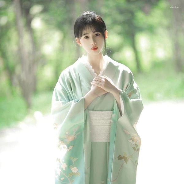 Vêtements ethniques Japonais Traditionnel Femmes Manches longues Kimono Belle couleur bleue Classique Yukata Performance Robe Cosplay Costume Po Porter