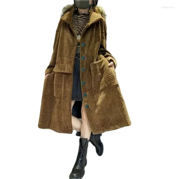 Trench da donna Autunno Inverno Giacca a vento in velluto a coste medio-lungo Cappotto con bavero da donna Capispalla monopetto Cappotto in puro colore Donna