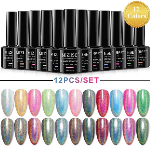 Unha Polonês MIZHSE 12pcs Conjunto de Gel Holográfico Laser Brilhante Semi Permanente UV LED Verniz para Design de Manicure 231012