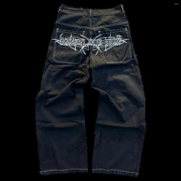 Jeans da uomo Y2K Harajuku pantaloni neri larghi con grafica con teschio retrò pantaloni da uomo punk rock hip hop gotici a gamba larga streetwear