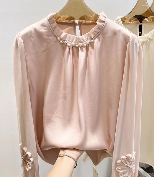 Blusas femininas em pé gola frisada topo mulher flor cravejado camisa de manga comprida 2023 outono moda cetim solto blusa casual elegante
