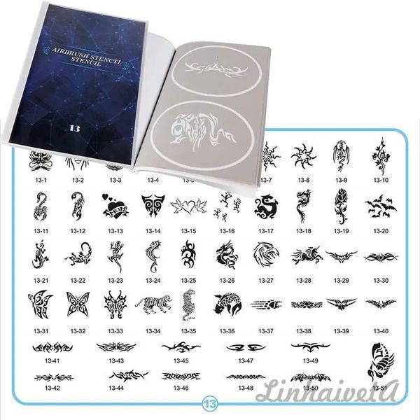 Livros de tatuagem Airbrush Tatuagem Stencils Temporários Padrões Animais Henna Tattoo Stencil Kit Para Rosto Pintura Corporal Arte Tatuagem Stencils adesivos 231012