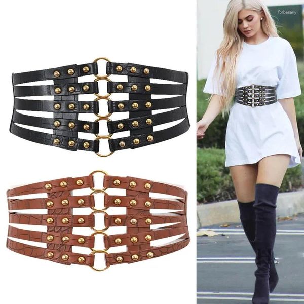 Cinture Cintura con fascino femminile Fibbia in metallo Dichiarazione Moda donna Rivetto Corsetto elastico in PU a vita larga