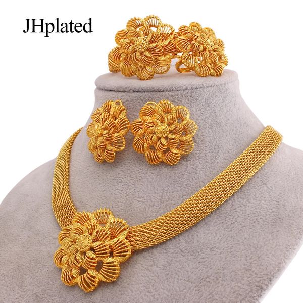 Conjuntos de jóias de casamento moda havaiana banhado a ouro conjuntos de noiva colar brincos pulseira anel presentes conjunto de jóias de casamento para mulheres 231012