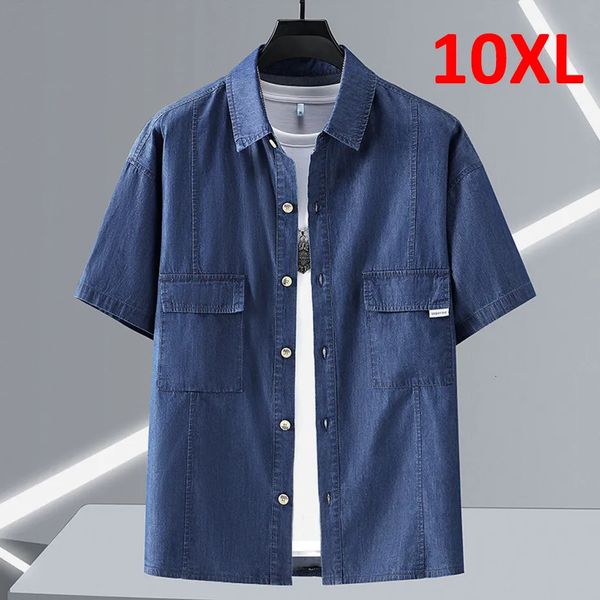 Camisas casuais masculinas verão denim camisa homens manga curta denim camisas jaquetas masculino plus size 10xl jean camisas azul cor sólida tops verão 231012