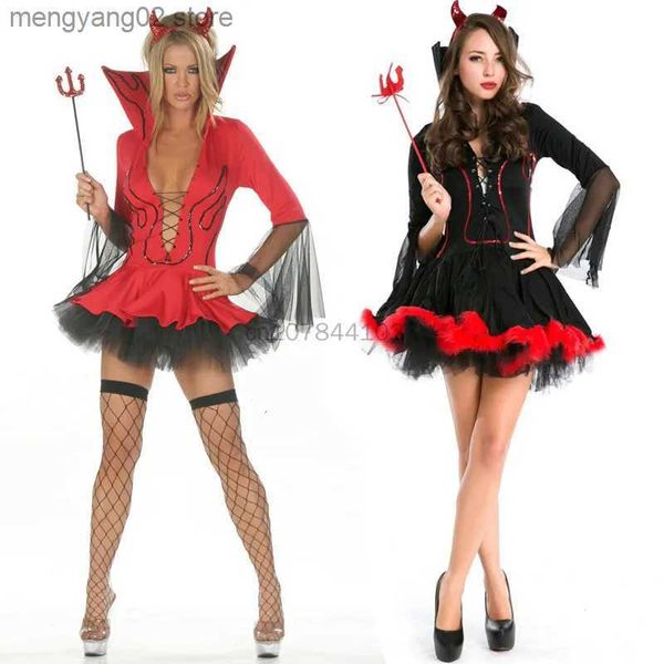 Tema Traje Purim Black Devil Venha Mulheres Vampiro Venha Cosplay Sexy Adulto Halloween Vem para Mulheres Vermelho Fantasia Carnaval Vestido de Festa T231013