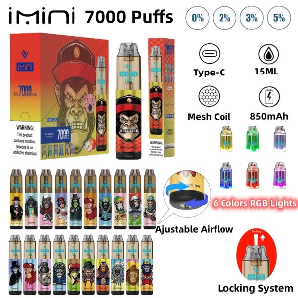 IMINI originale IMINI 7000 sbuffi per sigarette elettroniche a vaporizzazione usa e getta da 15 ml pod ricaricabile flusso d'aria regolabile 0% 2% 3% 5% 5% VAPORIZZATORE 20 gusti di frutta Veloce Invia