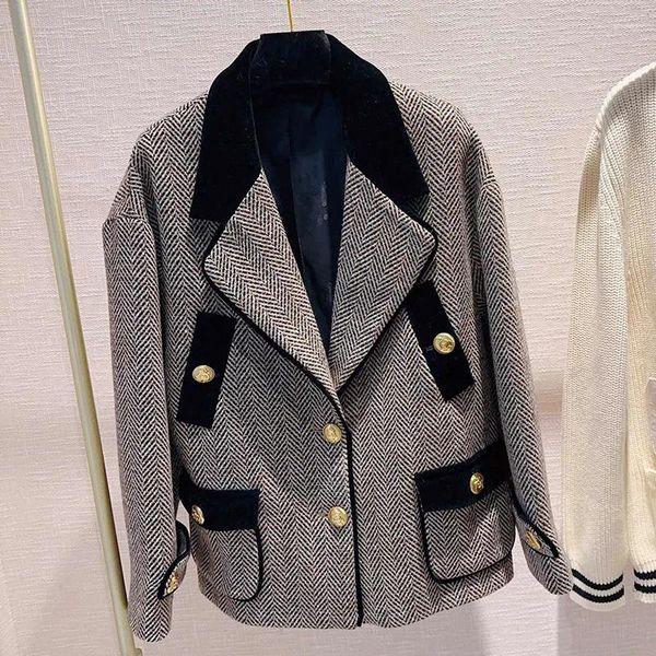 Jaquetas femininas moda tecido de lã cinza sarja tecido jaqueta para mulheres 2023 de alta qualidade retalhos entalhado colarinho manga longa casaco feminino
