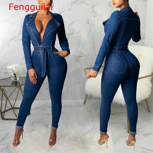 Macacões femininos macacão sexy feminino gola quadrada manga longa bodycon casual denim macacão elegante estiramento jeans macacão o2913