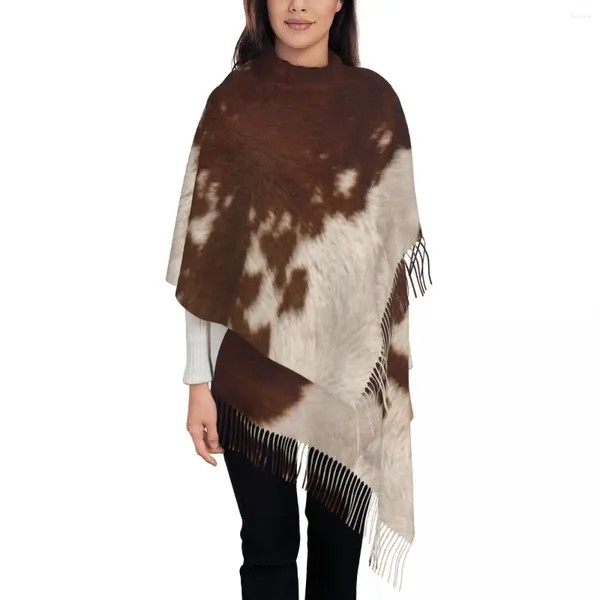 Береты, стильный коричневый шарф из телячьей кожи с кисточками, женский зимний осенний теплый платок, женские шарфы с текстурой кожи и меха животных