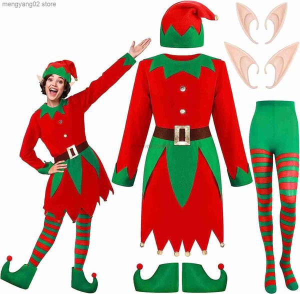 Tema Kostümü Noel Elf Kadın Kız Geliyor Uzun Kollu Elbise ve Kemer Şapkası Ayakkabıları Çizgili Çoraplar Parti Rol Yapma Cosplay Dropshipping T231013