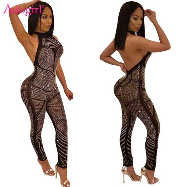 Adogirl mulheres sexy halter diamantes bandage macacões aberto volta magro clube noturno macacão de alta qualidade senhoras costumes242o