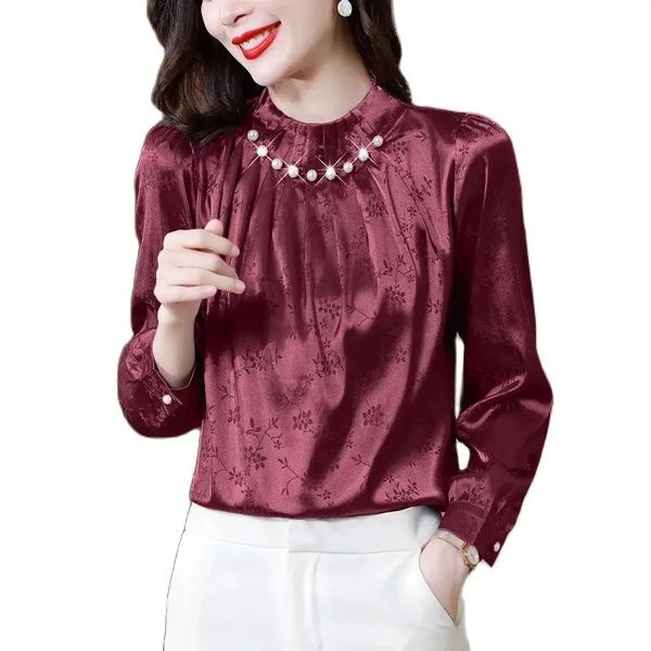 Mulher designer vermelho cetim blusas jacquard manga longa topo outono inverno gola pérola ruched runway blusa 2023 escritório senhoras casual versátil sólido seda topos