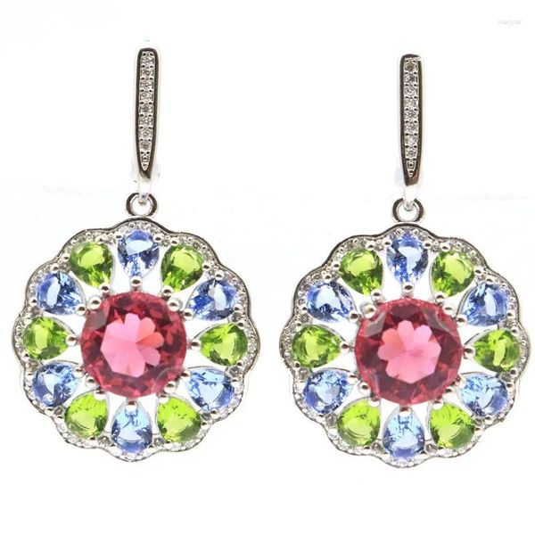 Brincos pendurados 40x28mm multicoloridos deslumbrantes topázio esfumaçado verde peridoto violeta tanzanita rosa turmalina branco cz senhoras festa prata