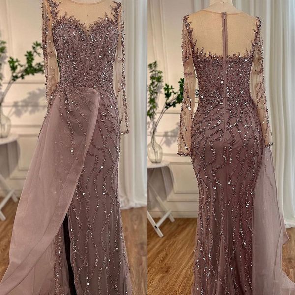 Zarif denizkızı balo elbiseleri mücevher uzun kollu sırtsız tül dekorasyonu yan taban uzunluğunda artı boyutu özel yapılmış parti elbisesi vestido de noite
